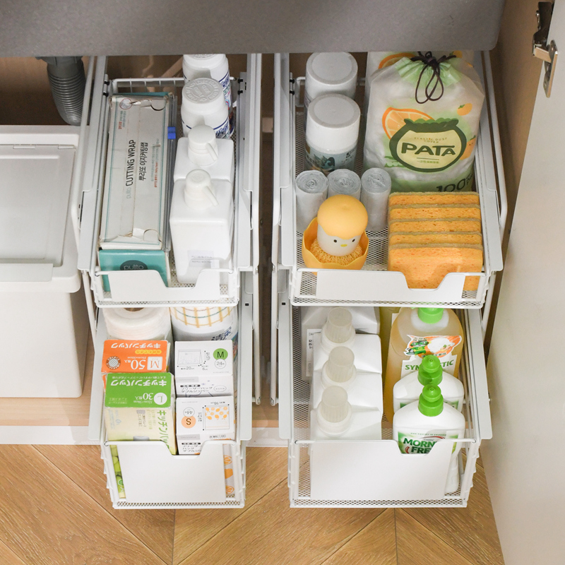 厨房水池下水槽收纳拉篮双层橱柜分层储物筐浴室柜内抽拉式置物架