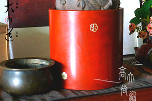 镶螺钿铜胎朱漆老火钵日本漆器茶道具铁壶煮水烧碳火古董笔筒摆件