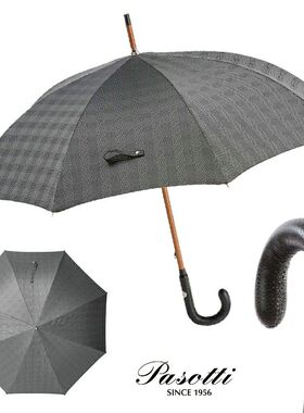 pasotti意大利纯手工自动雨伞男灰色格纹皮手柄晴雨两用伞长柄伞