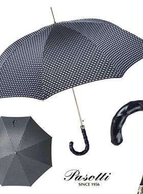 意大利Pasotti晴雨伞蓝色格纹皮把手晴雨两用防晒伞男女款长伞