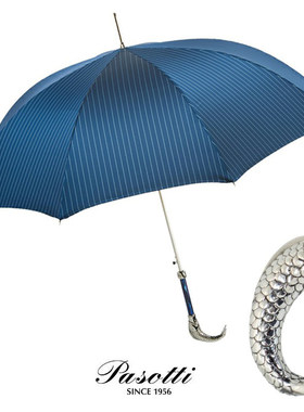 Pasotti意大利银色鱼手柄男士直杆伞长伞富贵蓝色条纹伞