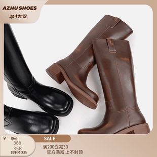 SHOES夏季 AZHU 骑士靴女圆头粗跟长靴中跟高筒显瘦靴子女长筒靴