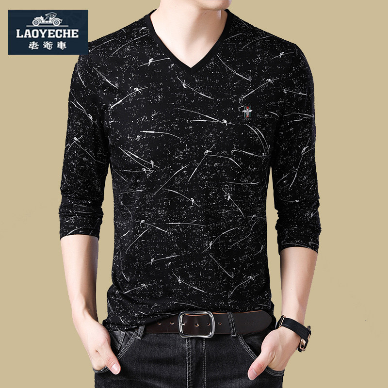 老爷车春秋季新款男士长袖T恤薄款鸡心V领男宽松潮流上衣打底小衫