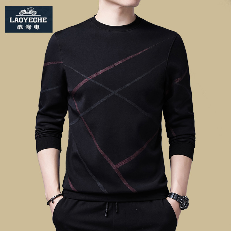 老爷车春秋季中年卫衣男T恤长袖圆领薄款潮流印花男士休闲打底衫