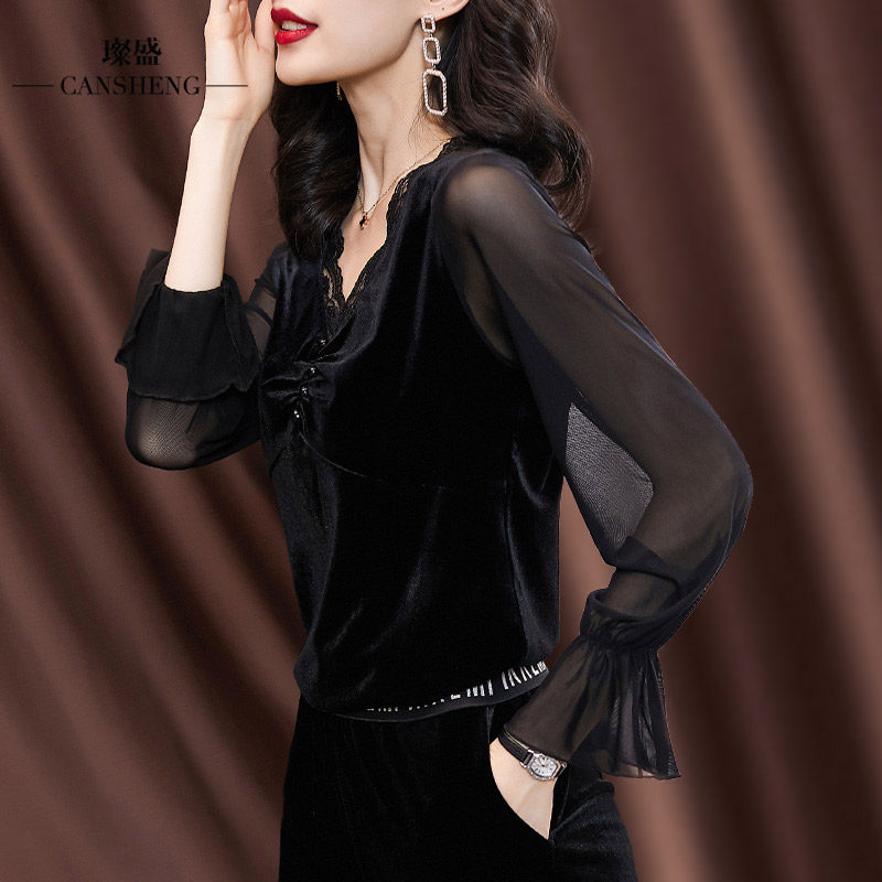 丝绒复古法式胸前镂空蕾丝上衣女遮肚子遮肉显瘦百搭小衫高档洋气