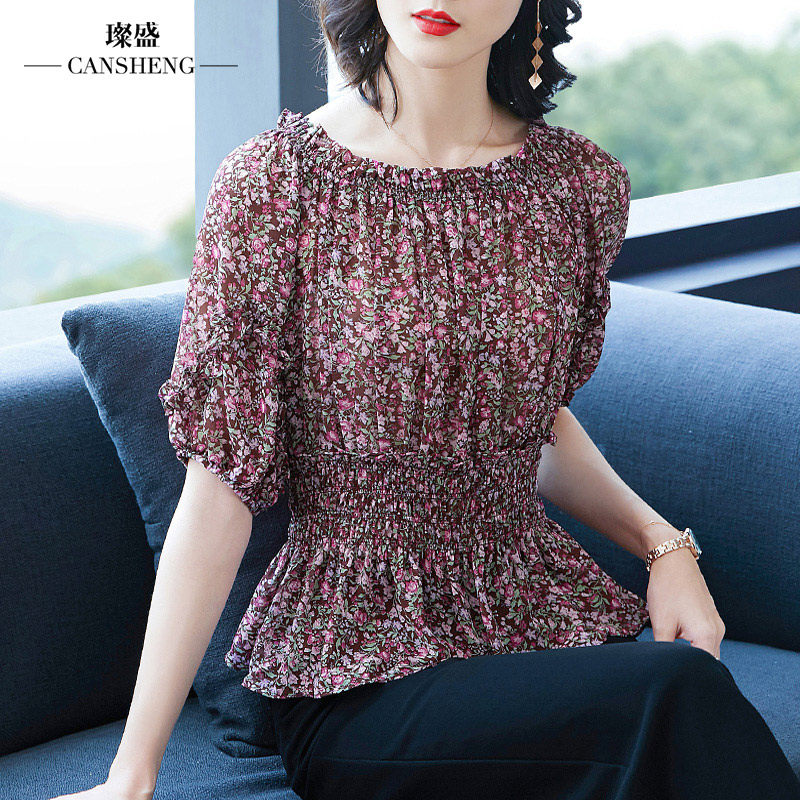 女土衫衣时尚雪纺衫一字肩上衣印花温柔风甜美气质小衫收腰洋气夏