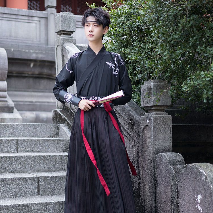 봄과 가을 HANFU 남자의 잘 생긴 반팔 코트 블랙 내부 크로스 칼라 허리 길이 언더 셔츠 중간 길이 송나라 복고풍 스타일