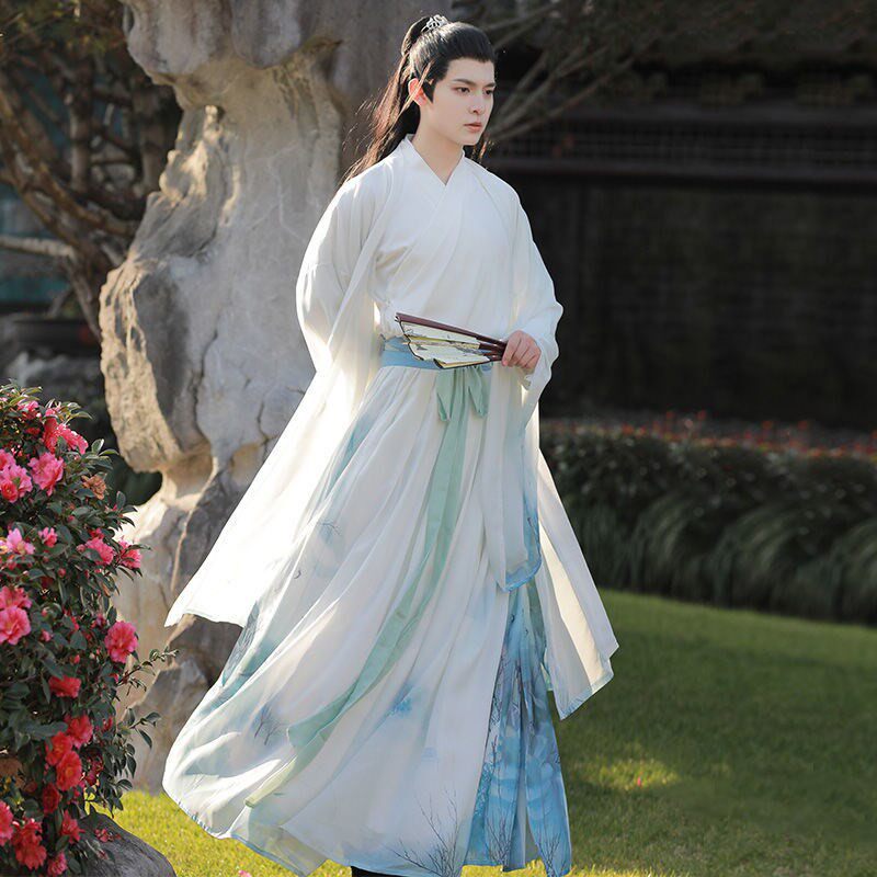 남성용 HANFU WEI와 JIN 스타일 고대 스타일 인쇄 및 염색 큰 소매 허리 스커트 선녀 한 요소 고대 의상 중국 스타일 양복