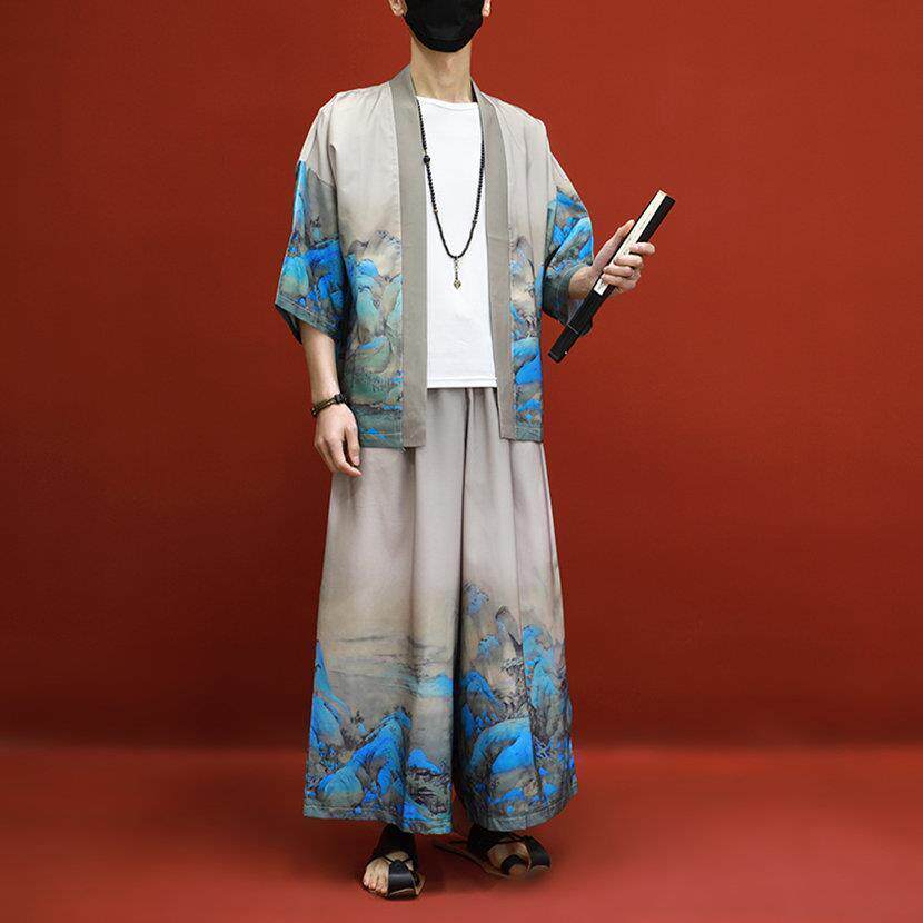 중국 스타일 정장 남성 여름 얇은 느슨한 평신도 정장 카디건 도교 가운 당나라 정장 HANFU 개선 현대 버전 투피스 세트