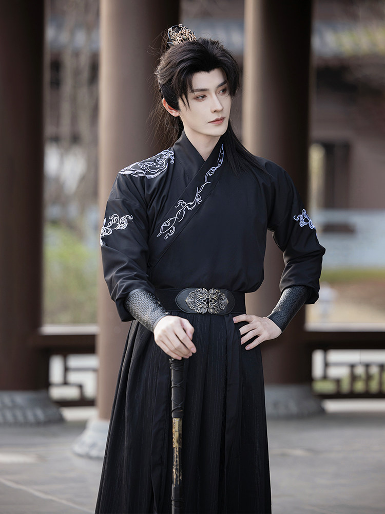 국가 동향 HANFU 남성 정통 원래 중국 스타일 남성 기사도 의상 허리 길이 웨이와 진 스타일 봄 정장 매일 사용