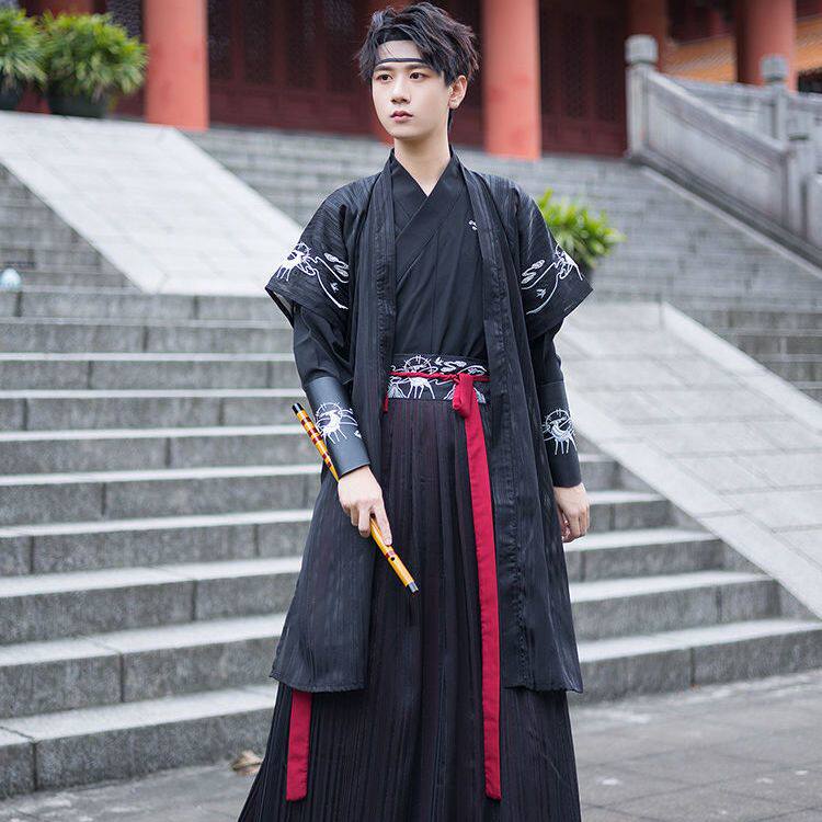 봄과 가을 HANFU 남자의 잘 생긴 반팔 코트 블랙 내부 크로스 칼라 허리 길이 언더 셔츠 중간 길이 송나라 복고풍 스타일