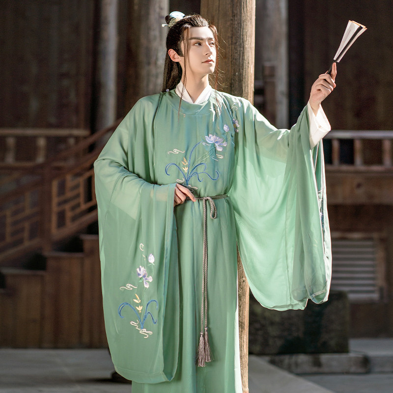 원래 중국 스타일 송나라 HANFU 남자의 고대 스타일 라운드 칼라 가운 남자의 요정 의상 정장 당나라 남자 의류 봄과 여름