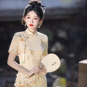 富贵花春夏新款 印花国风改良日常旗袍连衣裙 双层华尔缎新中式