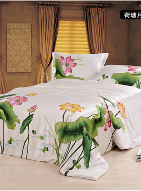 特价家纺床上用品手绘真丝四件套 荷塘月色 桑蚕丝 艺术感