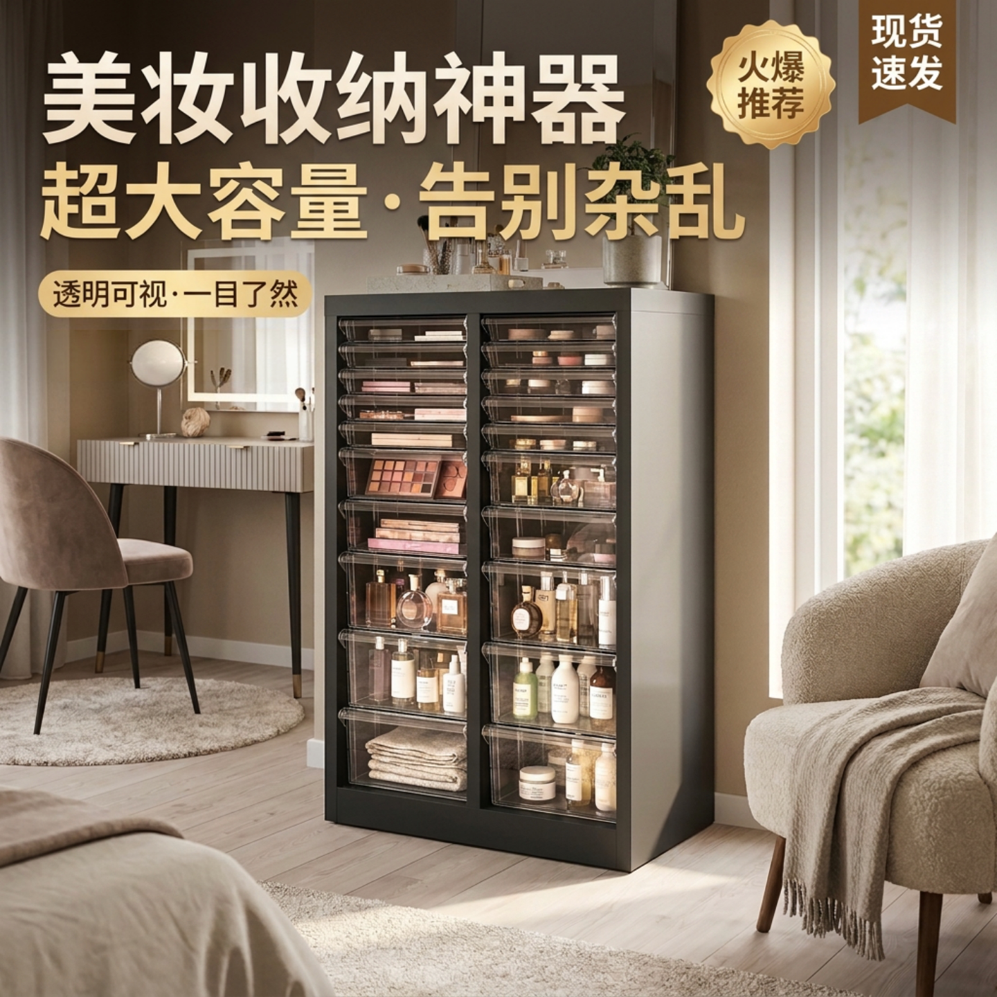 新型收纳柜抽屉式零食置物柜家用多层化妆品钢制储物柜可移动落地图片