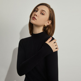 350克高端双面德绒半高领长袖 秋冬女纯黑色套头保暖毛衣 T恤打底衫