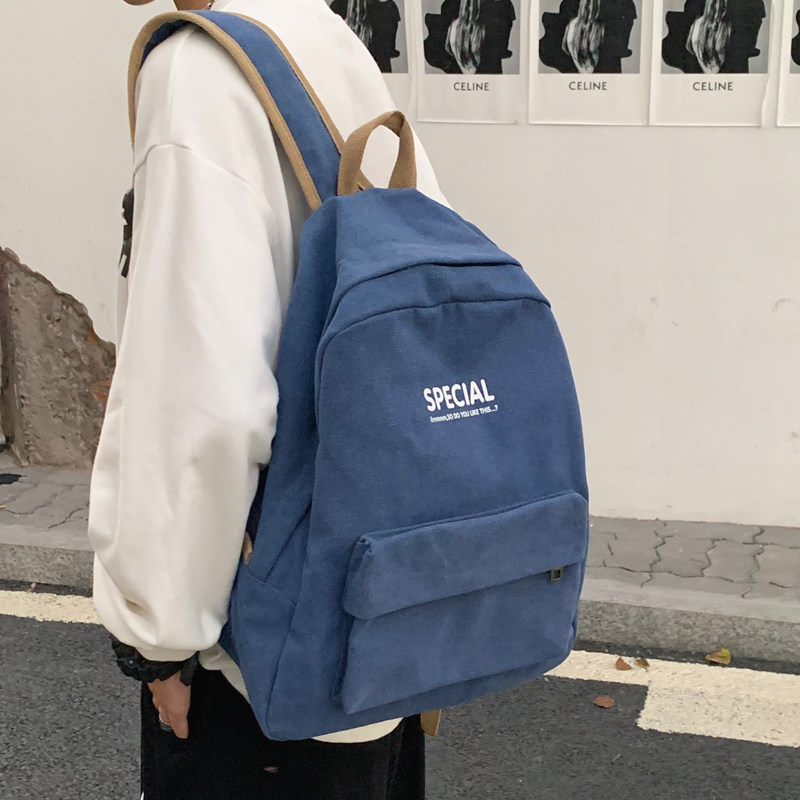 复古帆布双肩包蓝色新款高中大学生书包潮牌大容量旅行包背包男包