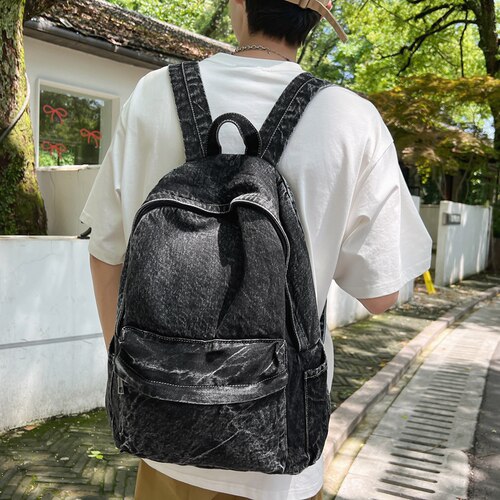 ins复古牛仔简约日系双肩包新款