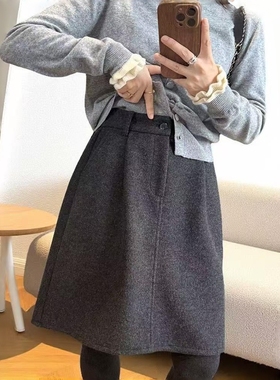 大码高腰显瘦花苞中裙女秋冬毛呢半身裙梨形小个子藏肉伯克利半裙