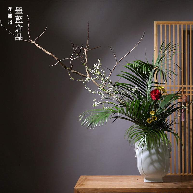 特大双耳方瓶 中式日式花道插花花器 文人调文人花玄关桌面摆设