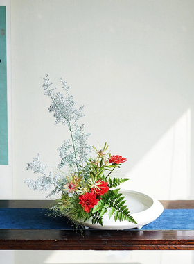 小原流花器四脚水盘 禅意白色中式插花器皿日式花道花盘创意花盆