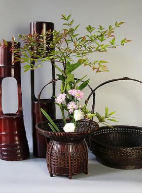 手工竹编花篮复古篮子禅意竹篮插花比赛国赛专用中华花艺花器竹筒