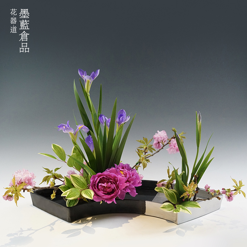 日本进口现货大扇形花器琳派小原流日式花道花盘写景插花器皿特大