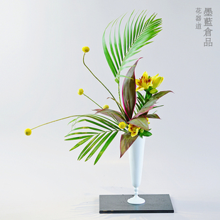 插花器皿高脚花瓶客厅摆件 日式 墨蓝花器设计师款 景德镇白瓷中式