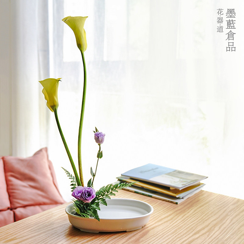 小原流教学日式椭圆花器禅意插花器皿花道陶瓷花盘 造型花盆