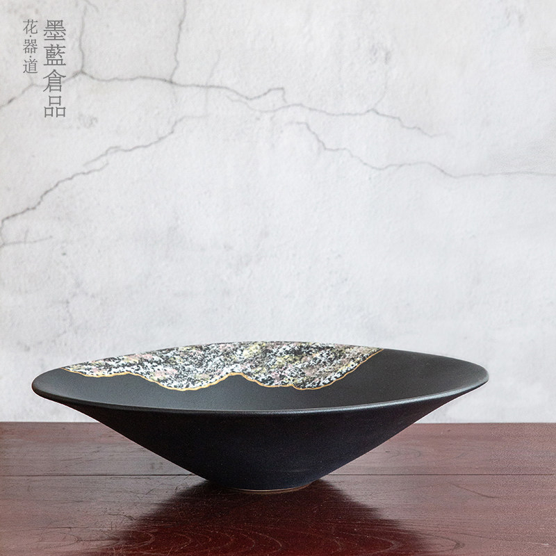 日本进口池坊大椭圆花器 禅意陶瓷日式花道花边墨黑插花花盘花盆