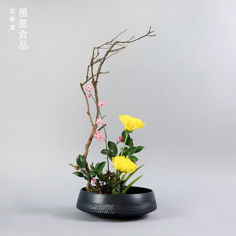 日式花器 陶瓷黑色水盘 日本进口t梯型斜刀纹 插花花道池坊草月流