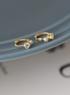 白小C韩国进口黄金10K14K金耳环珍珠小单钻K金小耳骨耳扣耳圈耳饰