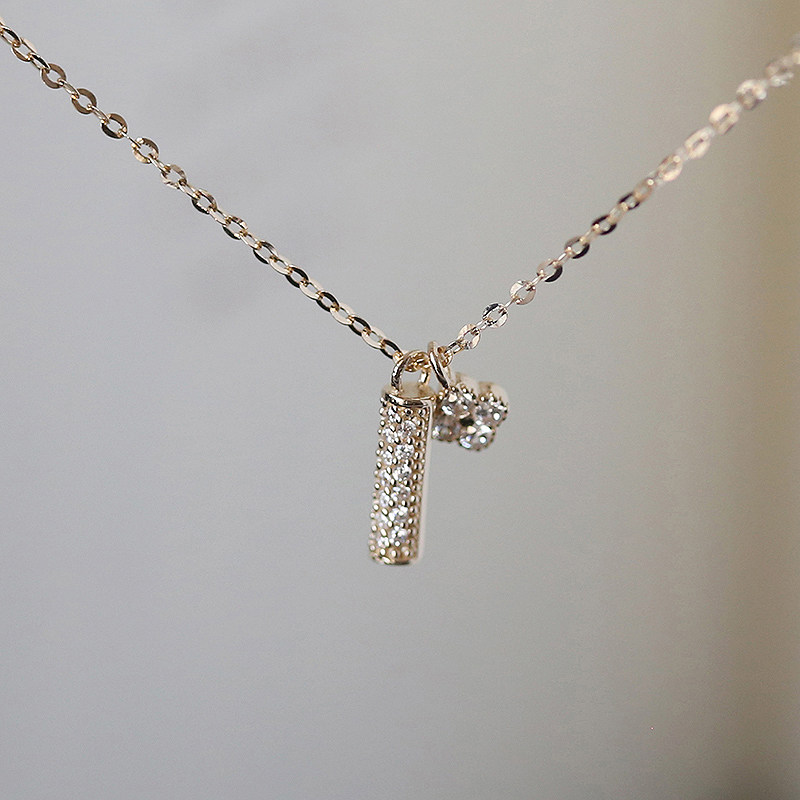 白小c 韩国黄金首饰14k金项链精致镶钻花朵一字金棍吊坠锁骨链k金