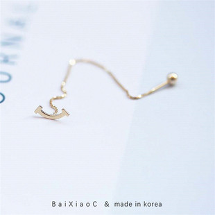 白小C 韩国进口黄金14K金耳环 光面弧形笑脸微笑长线螺丝耳钉耳线