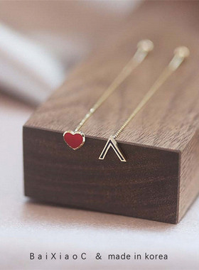白小C 韩国进口黄金14K10K金耳环 红色桃心黑色V字长耳线螺丝耳钉