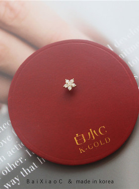 韩国纯10K14K金耳环 超美小钻五瓣花花朵耳钉金球堵拧螺丝耳骨钉