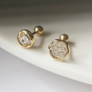 白小C黄金首饰14K/10K金耳环耳饰精致纽扣单颗圆形锆石拧螺丝耳钉