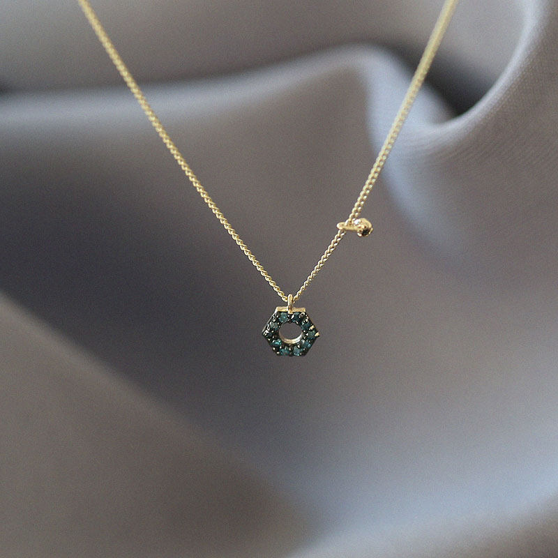 韩国黄金首饰14k金项链 真钻 蓝色钻石镶嵌多边形吊坠锁骨链k金