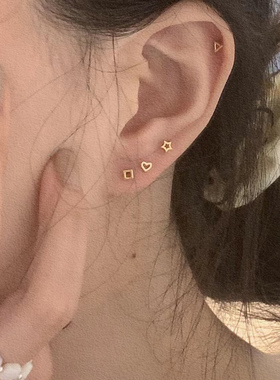 纯金黄金10K14K金耳环 简约个性迷你镂空爱心星星耳骨拧螺丝耳钉