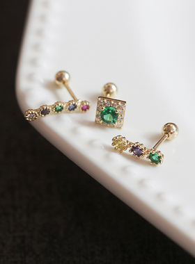 白小C黄金首饰14K/10K金耳环耳饰祖母绿色花边小钻拧螺丝耳骨耳钉