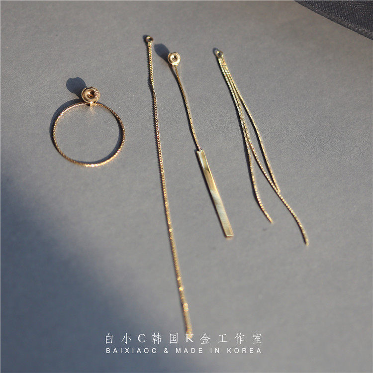 白小C 韩国进口K黄金14K/10K金耳环麻花圆环蛇骨方牌长链流苏耳线