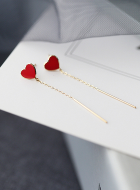 白小C 韩国进口K黄金14K10K金耳环耳钉 金边红色爱心一字长线耳线