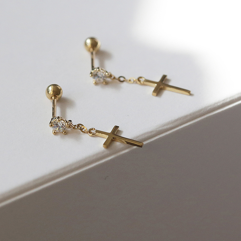 白小C14k金十字架配钻螺丝耳钉