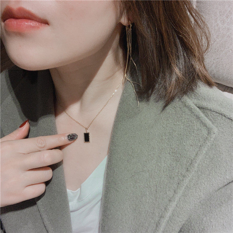 白小C 韩国进口黄金首饰14K金项链 方形金边黑牌黑玛瑙吊坠锁骨链