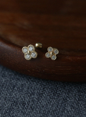 白小C韩国黄金首饰14K/10K金耳环耳饰精致镶嵌花朵拧螺丝耳骨耳钉