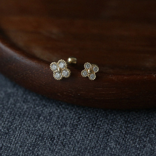 白小C韩国黄金首饰14K/10K金耳环耳饰精致镶嵌花朵拧螺丝耳骨耳钉