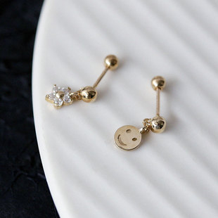 白小C黄金首饰14K/10K金耳环精致迷你花朵笑脸吊坠拧螺丝耳骨耳钉