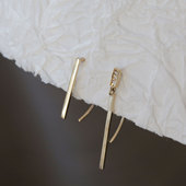 白小C韩国10K14K金耳饰 光面方牌素金长条镶钻一字长条坠耳钩耳钉