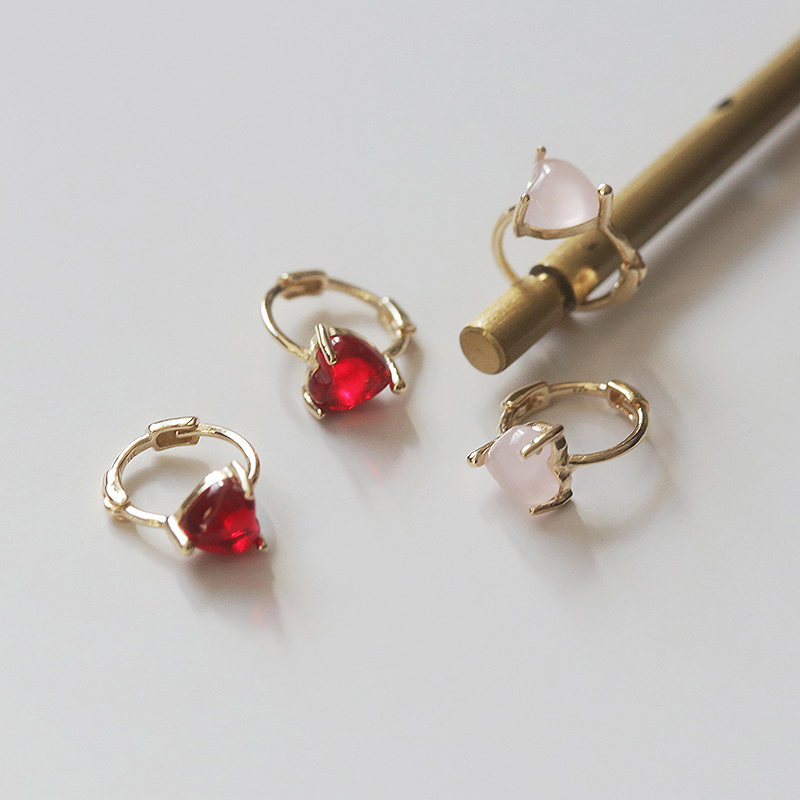 白小C 韩国进口K黄金14K金耳环 锆石心形爱心耳骨耳扣小耳朵耳圈