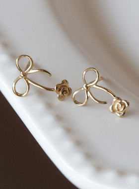 韩国10K14K金黄金首饰 玫瑰花镂空蝴蝶结素金耳饰耳钉